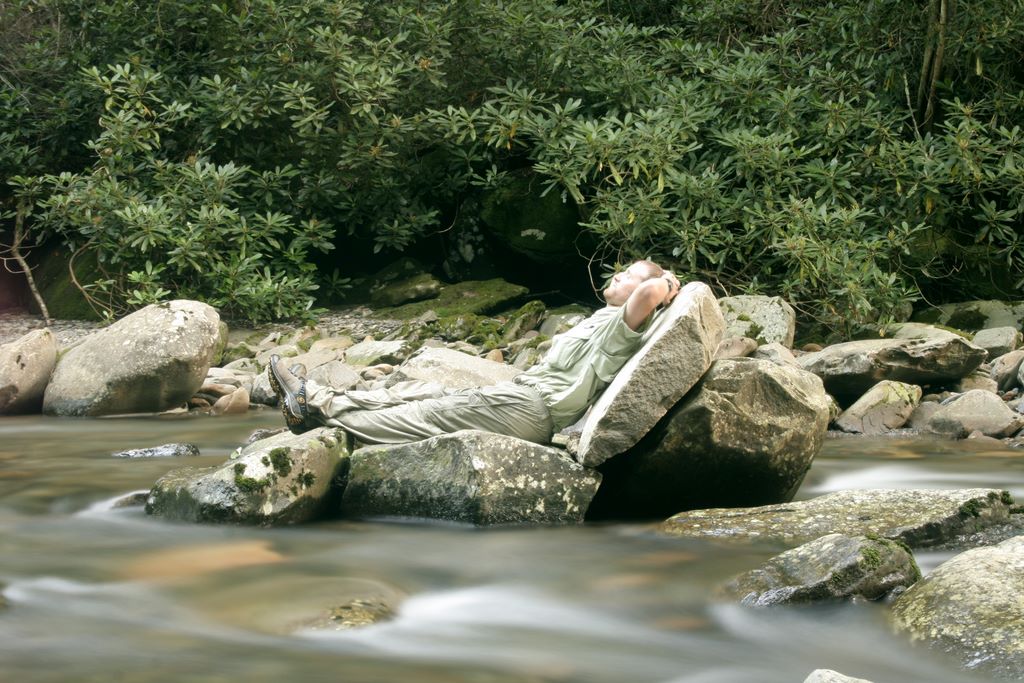 John Hudson Smith V - Relaxing on a boulder shaped like a chair on Walker Camp Prong - Smoky Mountains National Park