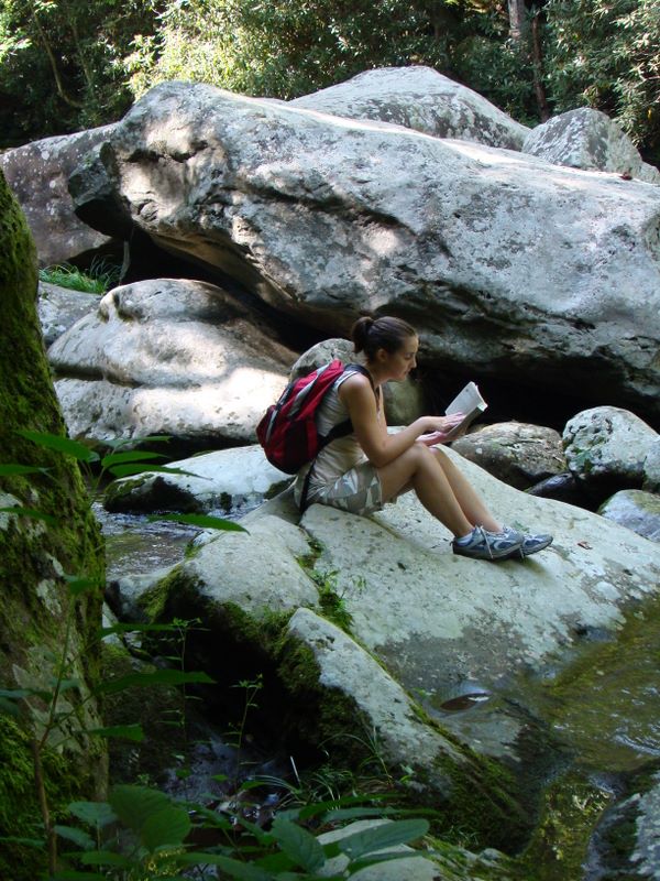 Brooke Fradd relaxing on a boulder on the Little River - Smoky Mountains National Park