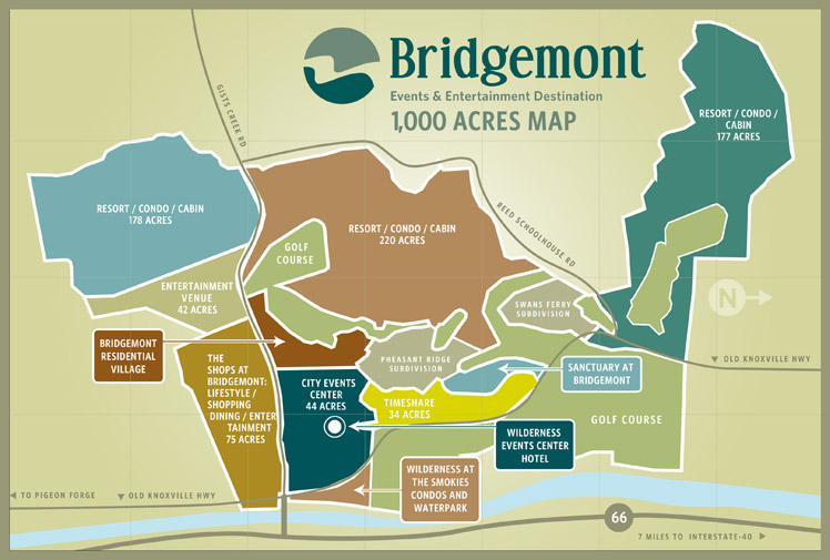 Bridgemont Events & Entertainment Destination Site Map - Sevierville TN Events Center & Wilderness at the Smokies Waterpark resort and condos for sale in the Smoky Mountains