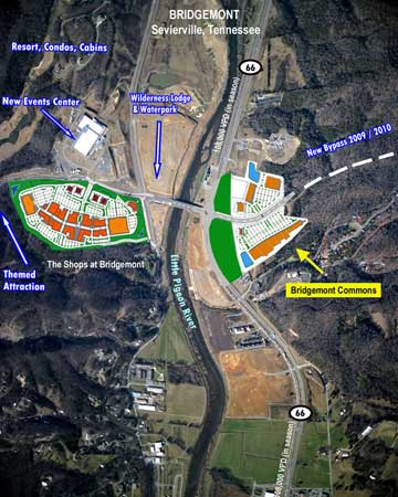 The Bridgemont Development in the Smoky Mountains located in Sevierville, TN including the Wilderness at the Smokies Waterpark Resort and condos, The Shops At Bridgemont, Bridgemont Commons, and the Sevierville Events Center